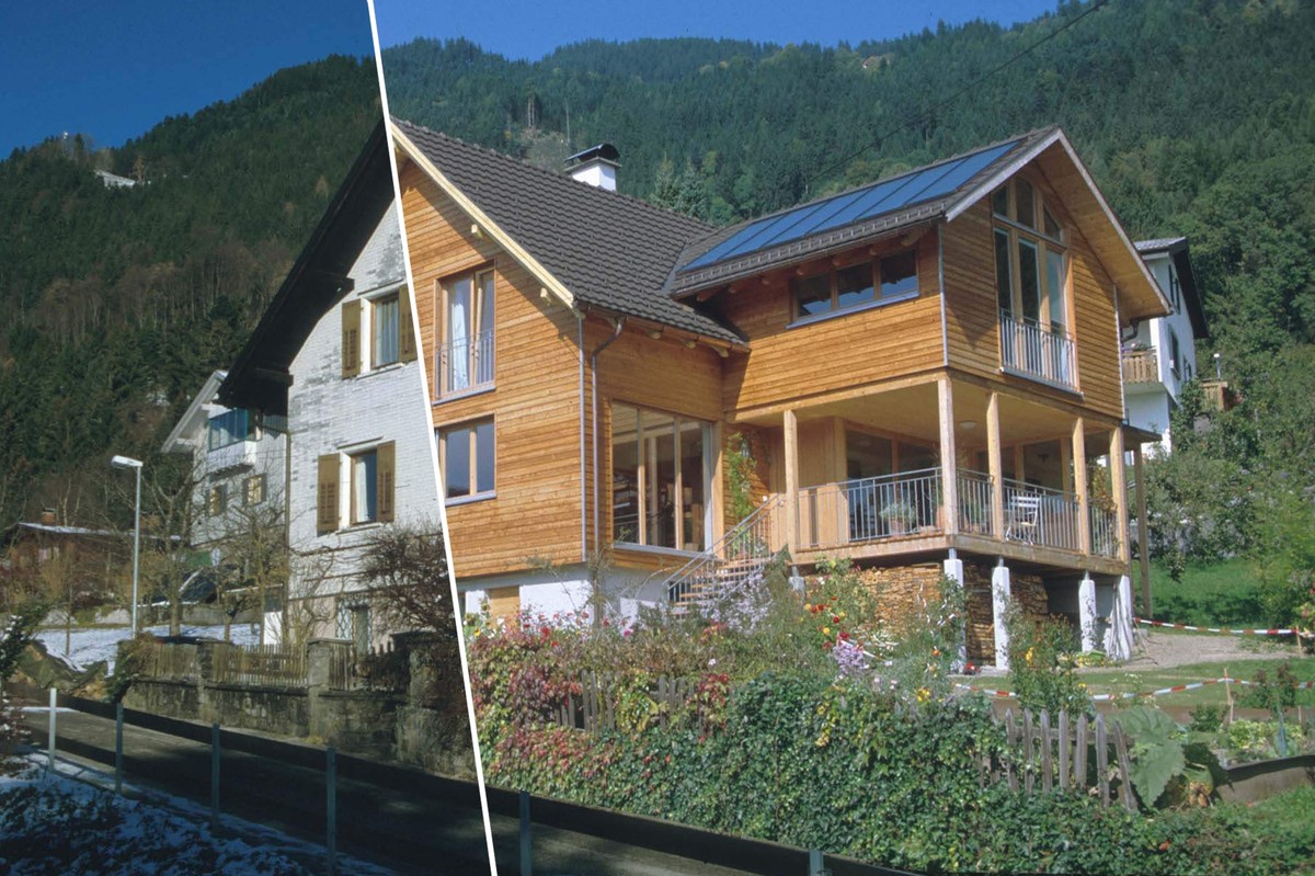 Haus (vorher/nachher): © Kilian Tschabrun (Fotos), Montage (Energieinstitut Vorarlberg)